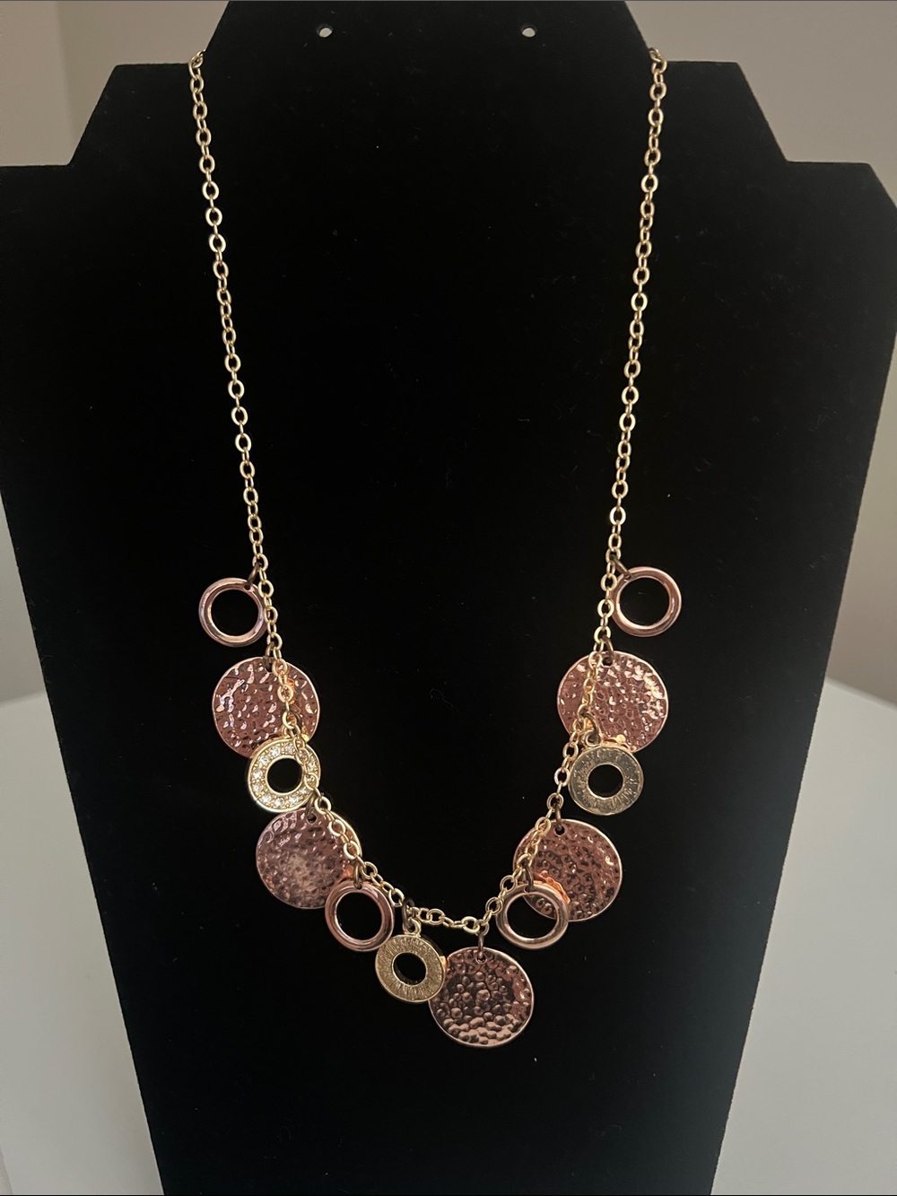 Awesome Gold and Rose-Tone Hammered Disc Necklace- Vintage
